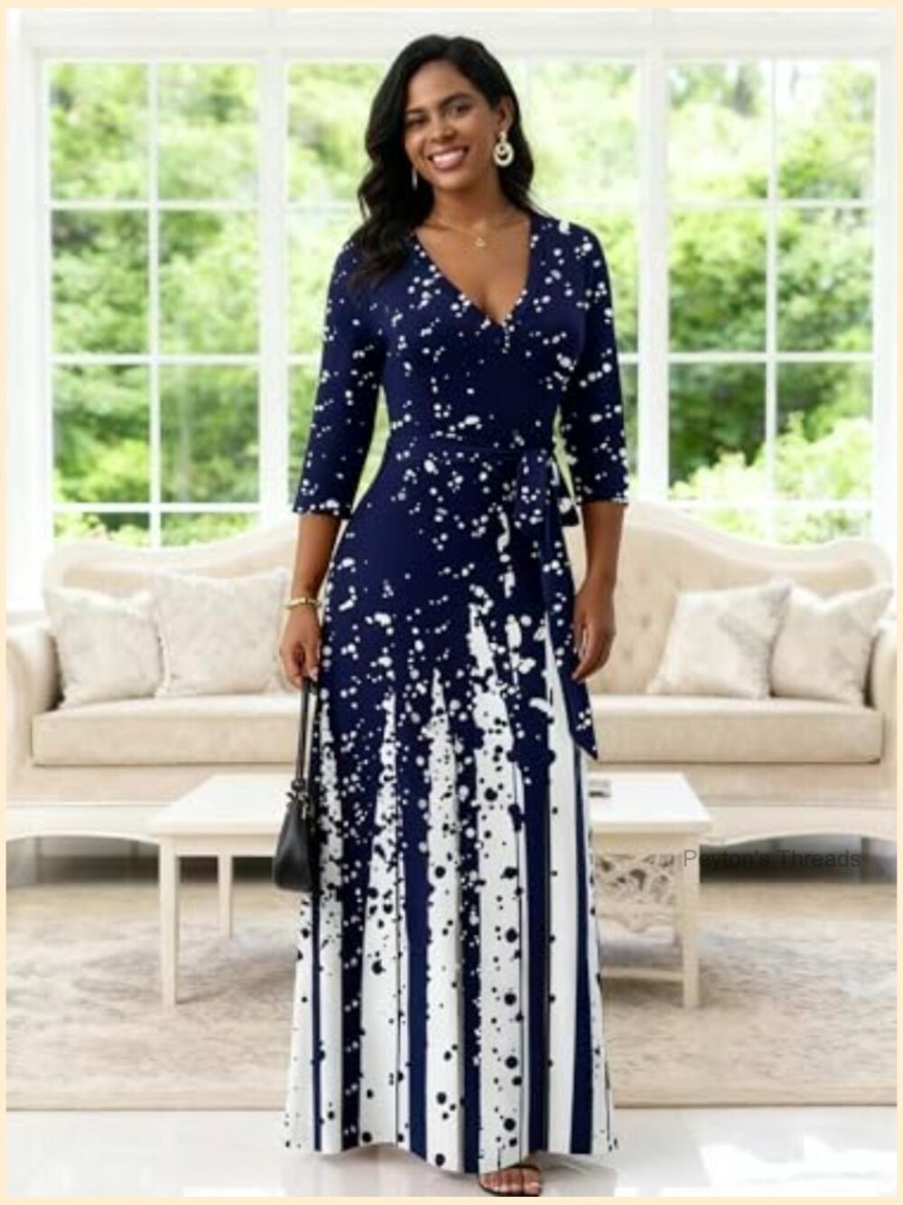 Women's V-Neck 3/4 Sleeve Maxi Dress with Tie Waist - Casual Flowy Silhouette - Picture 5 of 7